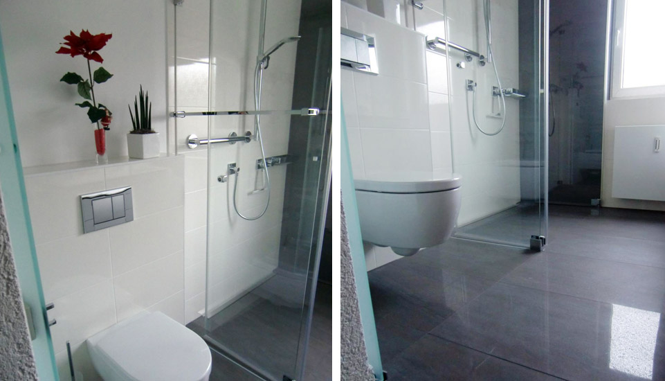 Badmodernisierung in Deizisau Bodengleiche Dusche mit Möbel-Waschtischanlage und Wand-WC